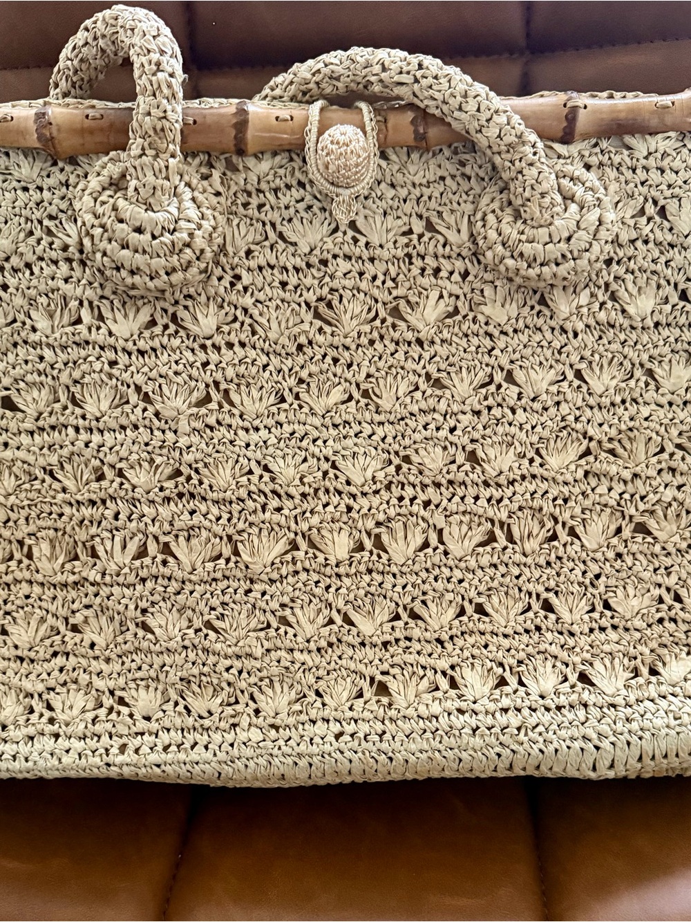 Handcrafted Cream Crochet Shoulder Bag with Bamboo Handle
